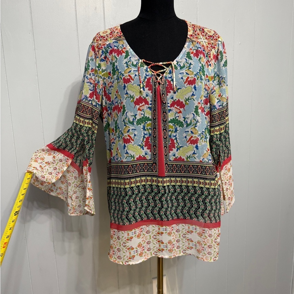 New Directions Multicolor Floral Blouse with Lace-Up Front